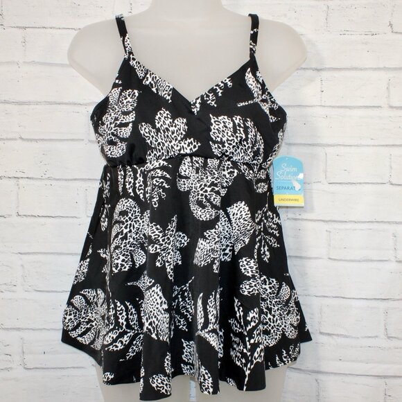 Swim Solutions Size 10 Black Spotted Leaves Underwire Tankini Top NWT - Picture 2 of 8
